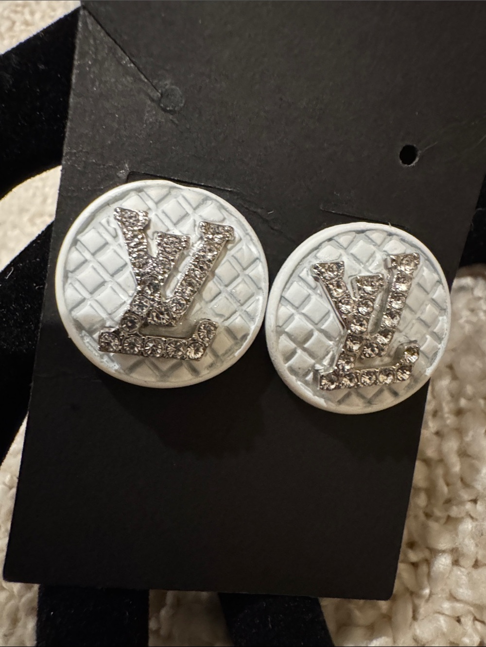 LV Round White & Bling Button Earrings